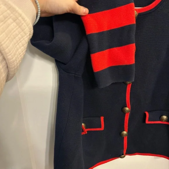 Boden Holly Cropped Knitted Jacket in Navy with Red Trim 100% Cotton - Picture 3 of 11